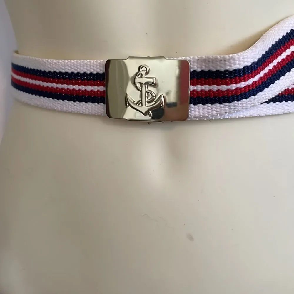 Vtg 80s red, white & navy blue canvas‎ belt with gold anchor military type clasp